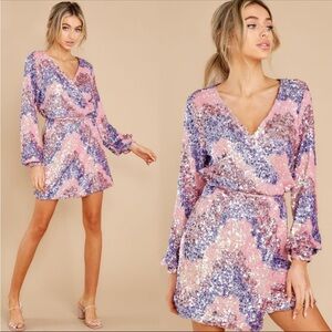 Aura  sparkly  pink and purple sequined mini wrap long sleeve dress s M